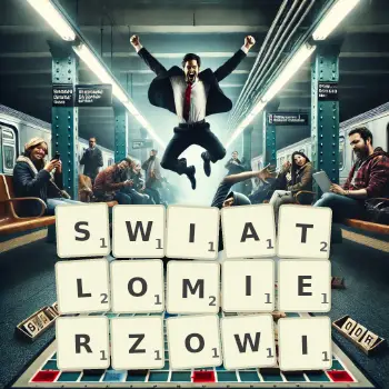 Kreatywna ilustracja do gry w Scrabble ze słowem SWIATLOMIERZOWI ułożonym z płytek na planszy.