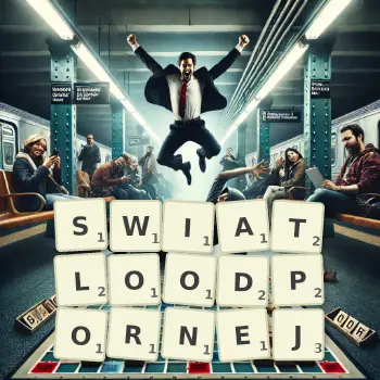 Kreatywna ilustracja do gry w Scrabble ze słowem SWIATLOODPORNEJ ułożonym z płytek na planszy.