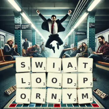 Kreatywna ilustracja do gry w Scrabble ze słowem SWIATLOODPORNYM ułożonym z płytek na planszy.