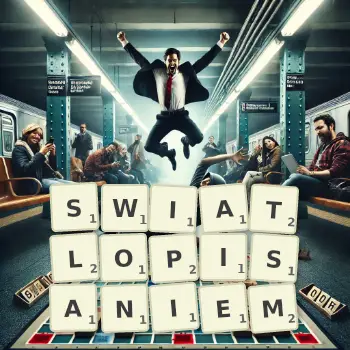 Kreatywna ilustracja do gry w Scrabble ze słowem SWIATLOPISANIEM ułożonym z płytek na planszy.