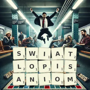 Kreatywna ilustracja do gry w Scrabble ze słowem SWIATLOPISANIOM ułożonym z płytek na planszy.