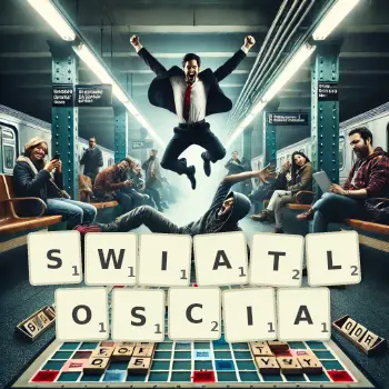 Kreatywna ilustracja do gry w Scrabble ze słowem SWIATLOSCIA ułożonym z płytek na planszy.