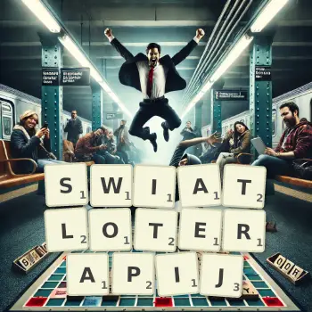 Kreatywna ilustracja do gry w Scrabble ze słowem SWIATLOTERAPIJ ułożonym z płytek na planszy.