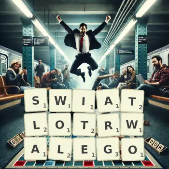 Kreatywna ilustracja do gry w Scrabble ze słowem SWIATLOTRWALEGO ułożonym z płytek na planszy.