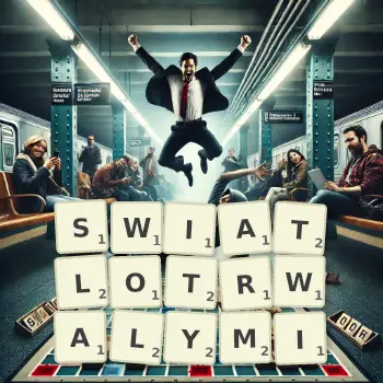 Kreatywna ilustracja do gry w Scrabble ze słowem SWIATLOTRWALYMI ułożonym z płytek na planszy.