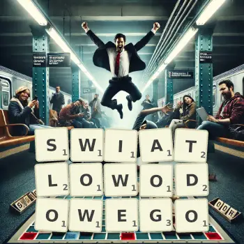 Kreatywna ilustracja do gry w Scrabble ze słowem SWIATLOWODOWEGO ułożonym z płytek na planszy.