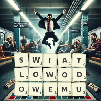 Kreatywna ilustracja do gry w Scrabble ze słowem SWIATLOWODOWEMU ułożonym z płytek na planszy.