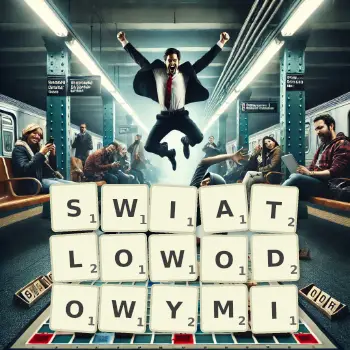 Kreatywna ilustracja do gry w Scrabble ze słowem SWIATLOWODOWYMI ułożonym z płytek na planszy.