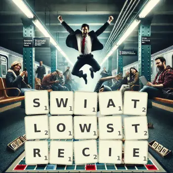 Kreatywna ilustracja do gry w Scrabble ze słowem SWIATLOWSTRECIE ułożonym z płytek na planszy.