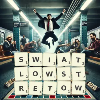 Kreatywna ilustracja do gry w Scrabble ze słowem SWIATLOWSTRETOW ułożonym z płytek na planszy.