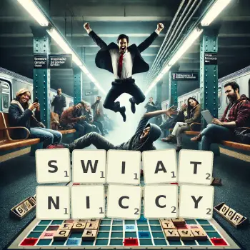 Kreatywna ilustracja do gry w Scrabble ze słowem SWIATNICCY ułożonym z płytek na planszy.