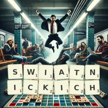 Kreatywna ilustracja do gry w Scrabble ze słowem SWIATNICKICH ułożonym z płytek na planszy.