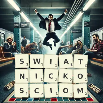 Kreatywna ilustracja do gry w Scrabble ze słowem SWIATNICKOSCIOM ułożonym z płytek na planszy.