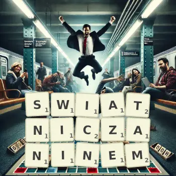 Kreatywna ilustracja do gry w Scrabble ze słowem SWIATNICZANINEM ułożonym z płytek na planszy.