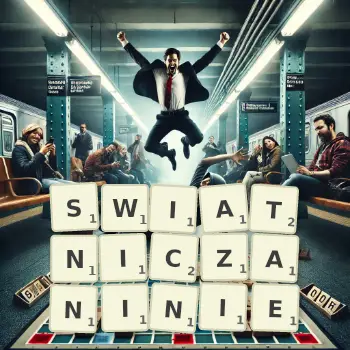 Kreatywna ilustracja do gry w Scrabble ze słowem SWIATNICZANINIE ułożonym z płytek na planszy.