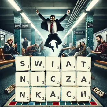 Kreatywna ilustracja do gry w Scrabble ze słowem SWIATNICZANKACH ułożonym z płytek na planszy.