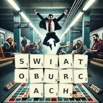 Kreatywna ilustracja do gry w Scrabble ze słowem SWIATOBURCACH ułożonym z płytek na planszy.