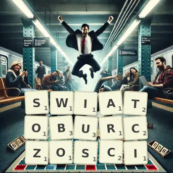 Kreatywna ilustracja do gry w Scrabble ze słowem SWIATOBURCZOSCI ułożonym z płytek na planszy.