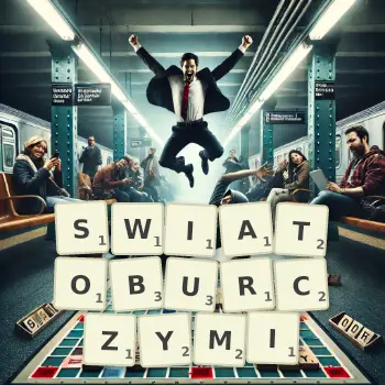 Kreatywna ilustracja do gry w Scrabble ze słowem SWIATOBURCZYMI ułożonym z płytek na planszy.