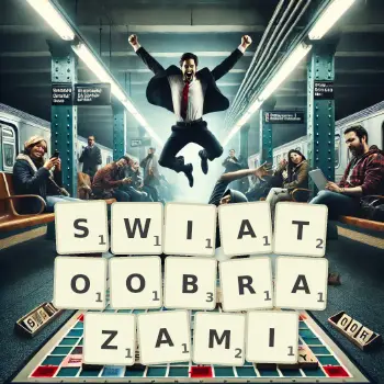 Kreatywna ilustracja do gry w Scrabble ze słowem SWIATOOBRAZAMI ułożonym z płytek na planszy.