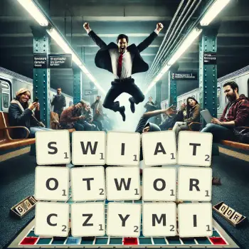Kreatywna ilustracja do gry w Scrabble ze słowem SWIATOTWORCZYMI ułożonym z płytek na planszy.