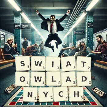 Kreatywna ilustracja do gry w Scrabble ze słowem SWIATOWLADNYCH ułożonym z płytek na planszy.