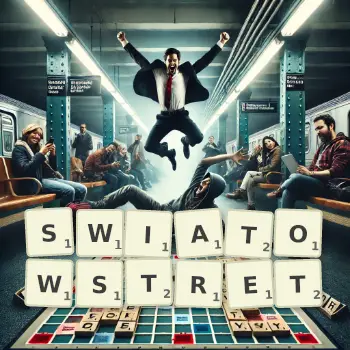 Kreatywna ilustracja do gry w Scrabble ze słowem SWIATOWSTRET ułożonym z płytek na planszy.