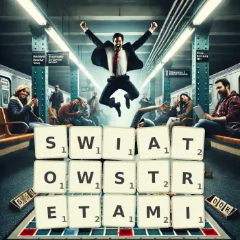 Kreatywna ilustracja do gry w Scrabble ze słowem SWIATOWSTRETAMI ułożonym z płytek na planszy.