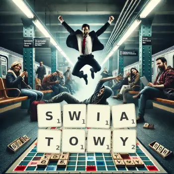 Kreatywna ilustracja do gry w Scrabble ze słowem SWIATOWY ułożonym z płytek na planszy.