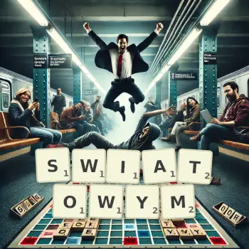 Kreatywna ilustracja do gry w Scrabble ze słowem SWIATOWYM ułożonym z płytek na planszy.