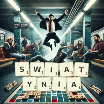 Kreatywna ilustracja do gry w Scrabble ze słowem SWIATYNIA ułożonym z płytek na planszy.