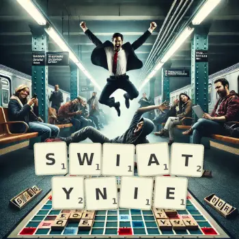 Kreatywna ilustracja do gry w Scrabble ze słowem SWIATYNIE ułożonym z płytek na planszy.