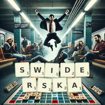 Kreatywna ilustracja do gry w Scrabble ze słowem SWIDERSKA ułożonym z płytek na planszy.