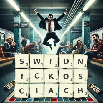 Kreatywna ilustracja do gry w Scrabble ze słowem SWIDNICKOSCIACH ułożonym z płytek na planszy.