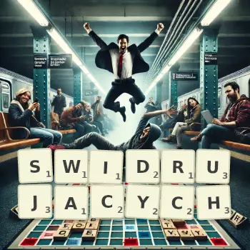 Kreatywna ilustracja do gry w Scrabble ze słowem SWIDRUJACYCH ułożonym z płytek na planszy.