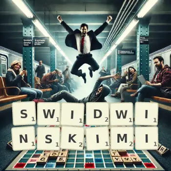 Kreatywna ilustracja do gry w Scrabble ze słowem SWIDWINSKIMI ułożonym z płytek na planszy.