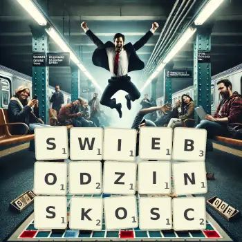 Kreatywna ilustracja do gry w Scrabble ze słowem SWIEBODZINSKOSC ułożonym z płytek na planszy.