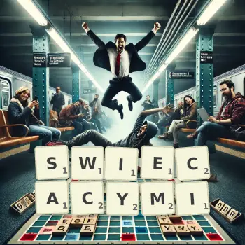 Kreatywna ilustracja do gry w Scrabble ze słowem SWIECACYMI ułożonym z płytek na planszy.