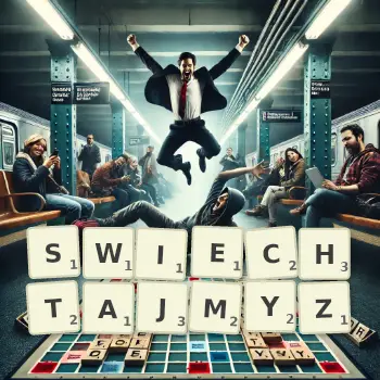 Kreatywna ilustracja do gry w Scrabble ze słowem SWIECHTAJMYZ ułożonym z płytek na planszy.