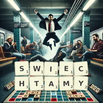 Kreatywna ilustracja do gry w Scrabble ze słowem SWIECHTAMY ułożonym z płytek na planszy.