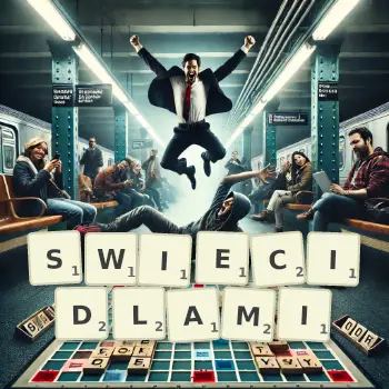 Kreatywna ilustracja do gry w Scrabble ze słowem SWIECIDLAMI ułożonym z płytek na planszy.
