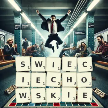 Kreatywna ilustracja do gry w Scrabble ze słowem SWIECIECHOWSKIE ułożonym z płytek na planszy.