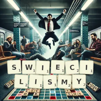 Kreatywna ilustracja do gry w Scrabble ze słowem SWIECILISMY ułożonym z płytek na planszy.