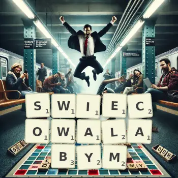 Kreatywna ilustracja do gry w Scrabble ze słowem SWIECOWALABYM ułożonym z płytek na planszy.