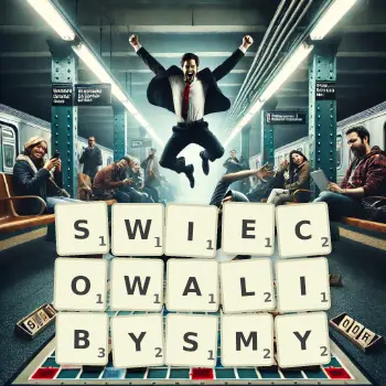 Kreatywna ilustracja do gry w Scrabble ze słowem SWIECOWALIBYSMY ułożonym z płytek na planszy.