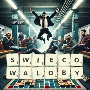 Kreatywna ilustracja do gry w Scrabble ze słowem SWIECOWALOBY ułożonym z płytek na planszy.