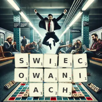 Kreatywna ilustracja do gry w Scrabble ze słowem SWIECOWANIACH ułożonym z płytek na planszy.