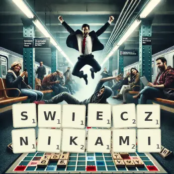 Kreatywna ilustracja do gry w Scrabble ze słowem SWIECZNIKAMI ułożonym z płytek na planszy.