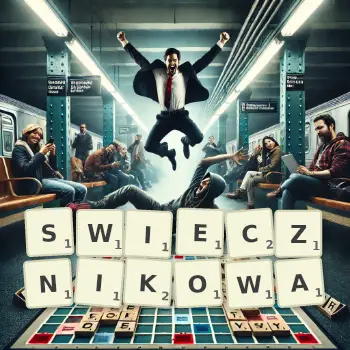 Kreatywna ilustracja do gry w Scrabble ze słowem SWIECZNIKOWA ułożonym z płytek na planszy.