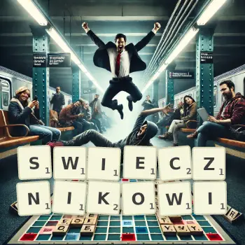 Kreatywna ilustracja do gry w Scrabble ze słowem SWIECZNIKOWI ułożonym z płytek na planszy.